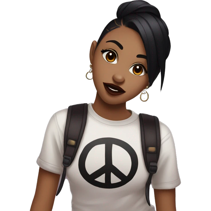Beautiful girl with medium straight dark black hair with maroon ends and a septum piercing, hazel colors eyes, wearing an emo shirt, making a peace sign and winking emoji