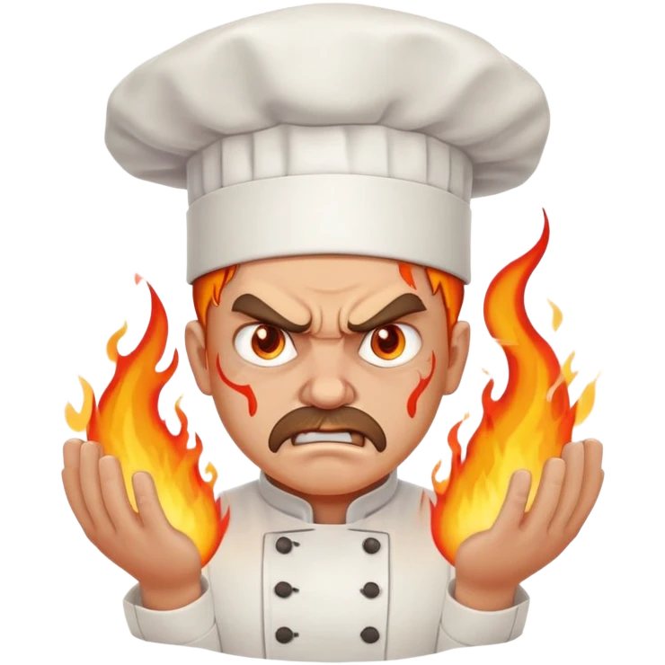 angry chef with flames coming out of eyes, cooking with passion emoji