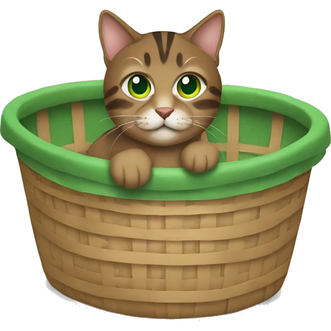  brown tabby cat with green eyes sitting in a basket emoji