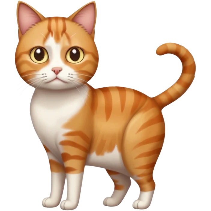 full body white, ginger and brown tabby calico cat with skinny head and fat body with an anxious face emoji