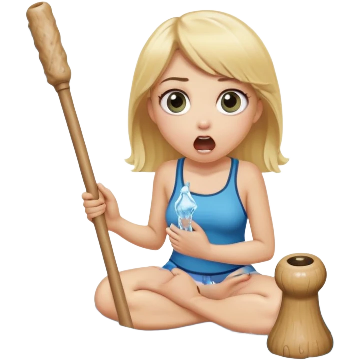 blond woman sitting on her knees with wide eyes, holding a wide skin-colored stick with a D-shaped knob, the stick and the nob have skin texture, water squirting from the knob into her mouth, shocked face, the knob is coming out of pants hanging next to her emoji