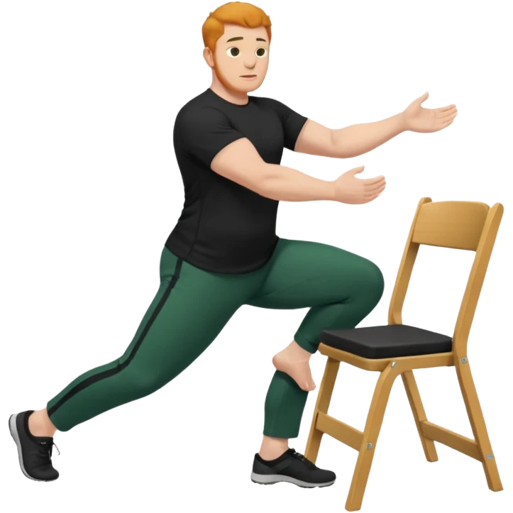 גבר זקן ג'ינג'י מלא כוסע שחור הפוך חולמה שחורה ומכנסיים ירוקות ארוכות מבצע תרגיל לאנג' בתמיכת כיסא מהצד שתי רגליים על הרצפה מח^זיק כיסא בידו emoji