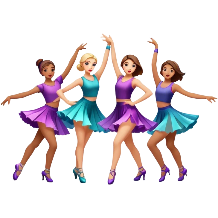 Icon for Contemporary Dance: a synchronized group dance performance with dancers in modern outfits, performing on stage with bright spotlighting and energetic movement. The icon should capture the dynamic and vibrant nature of contemporary dance. Transparent background. emoji