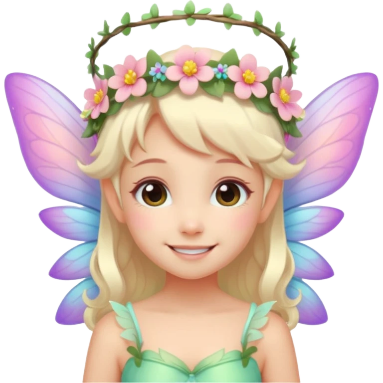 A tiny pastel fairy with glowing wings and a sweet smile and tiny flower crown
 emoji
