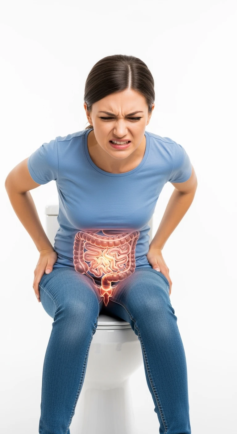 donna che si sforza seduta sul wc con intestino umano anatomico in evidenza, iperrealistica 4k, sfondo bianco emoji