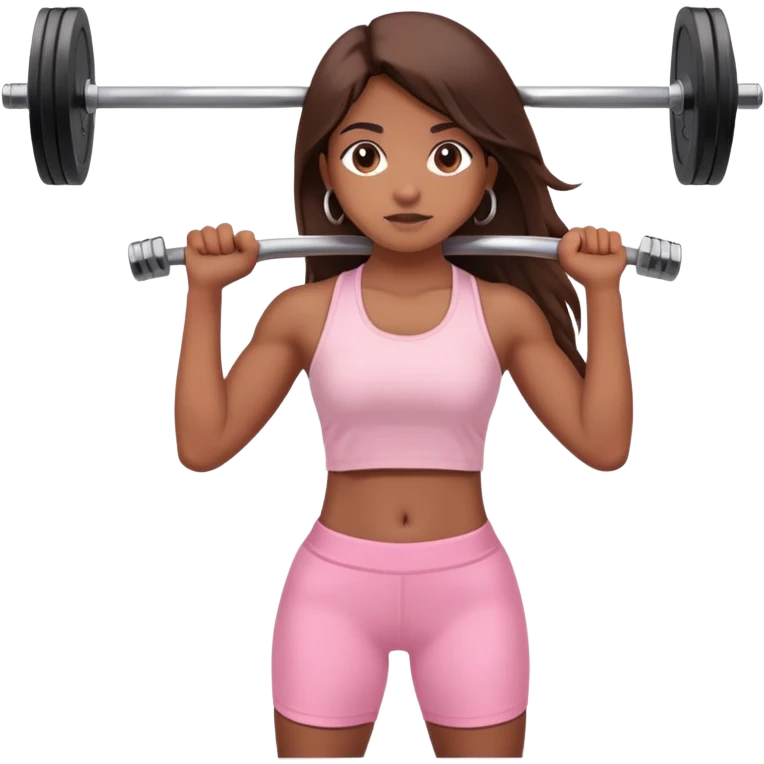 a north-east indian girl with long brown hair wearing a soft pink gym top holding a barbell  emoji