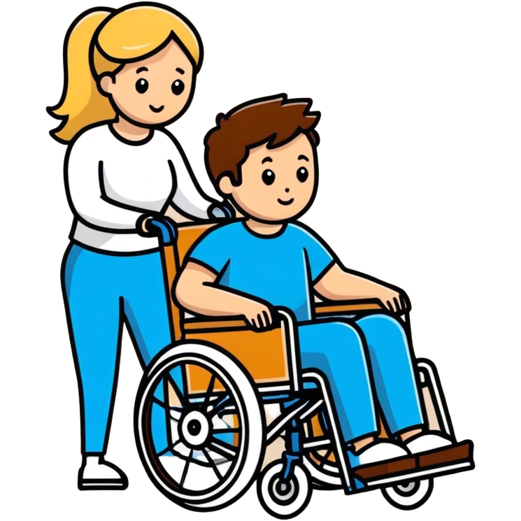 Brown haired man in a wheel chair with blonde haired mom pushing emoji