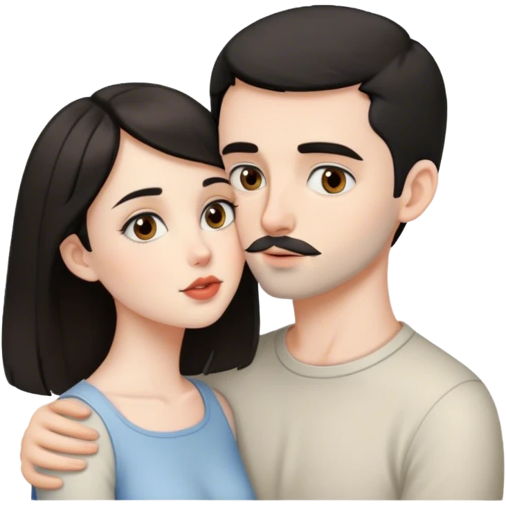 beautiful pale brunette girl with brown eyes kisses pale man short black hair tiny beard grey eyes emoji