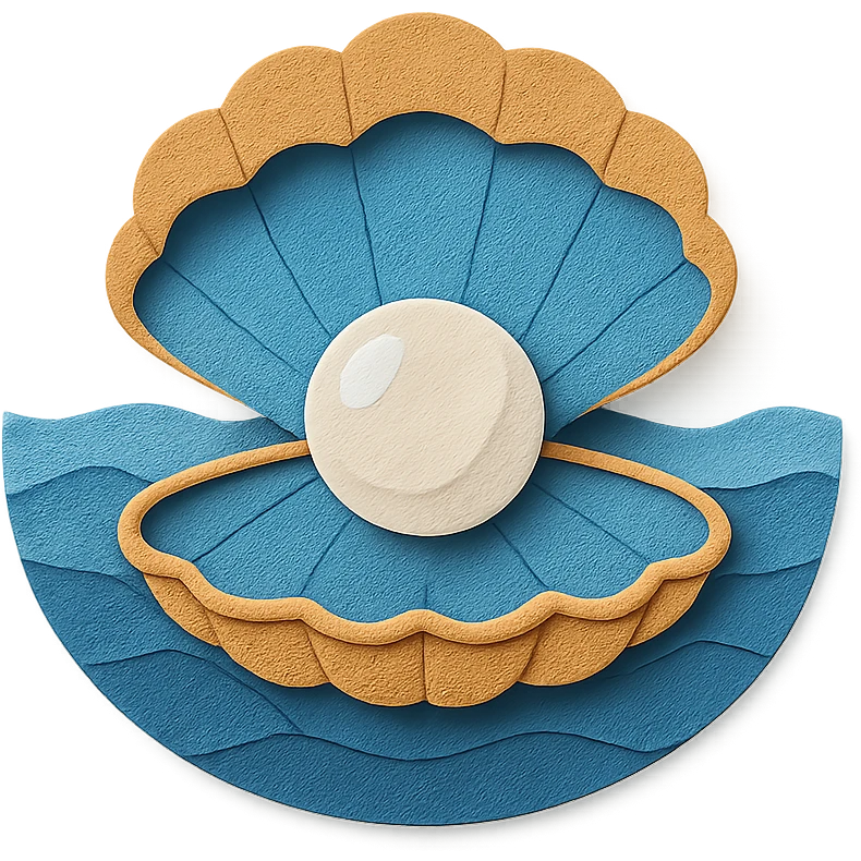 clam with a large pearl, ocean background, layered paper effect, paper-craft style emoji