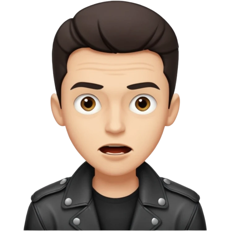 a short and slender young man, with gray eyes and an energetic mouth, a mocking and stubborn look, in a leather jacket, from the 1930s, a film director emoji