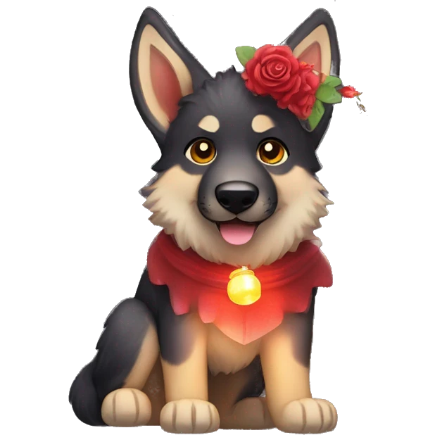 Midnight starry Brindled German shepherd fox carrying glowing red lantern, fairy lights, rose flower crown emoji