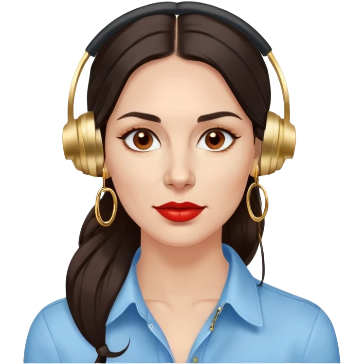 Beautiful croatian woman in her late 30s with long dark brown hair dark brown eyes red lips gold mid size hoop earrings noise cancelling earbuds in light blue mens shirt emoji