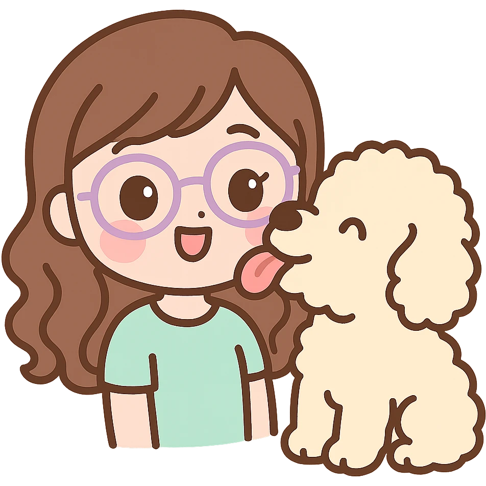 chibi style brunette female with glasses with her cream colored goldendoodle licking her face emoji