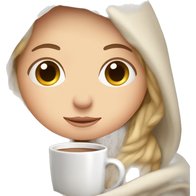 white girl, inside a blanket, sipping hot chocolate, eyes closed emoji