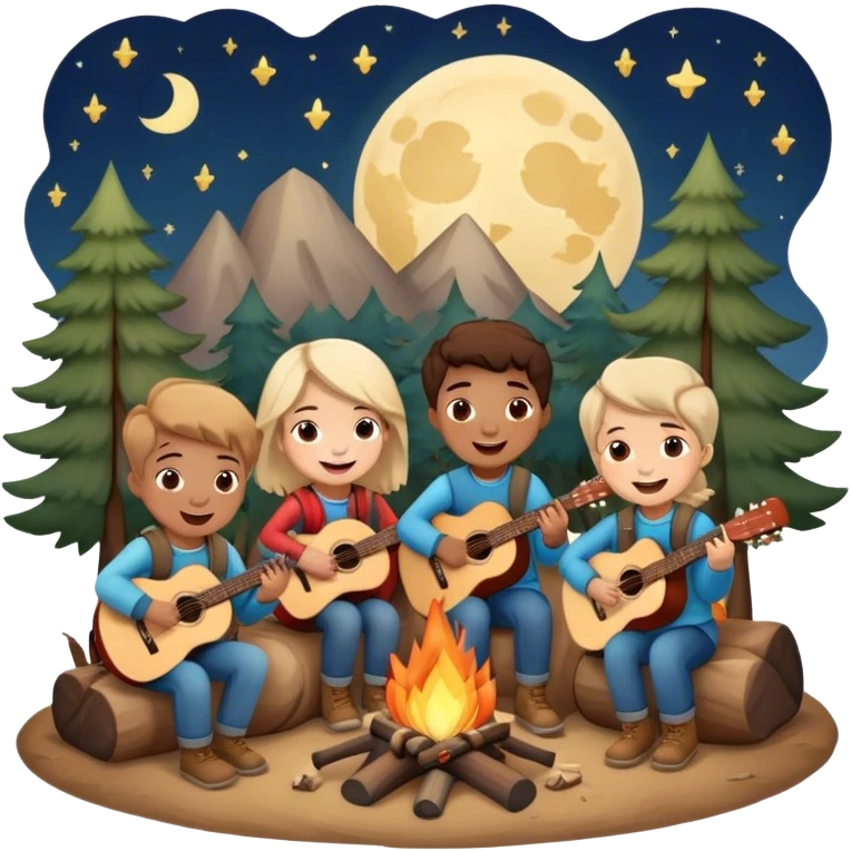 Kids camp. Guitar. Stars. Campfire. Happy children emoji