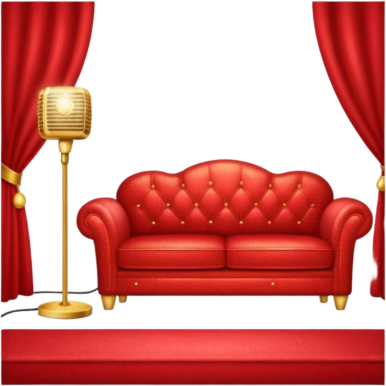 Red sparkly sofa with a mic in the center of sofa lamp stand behind sofa emoji