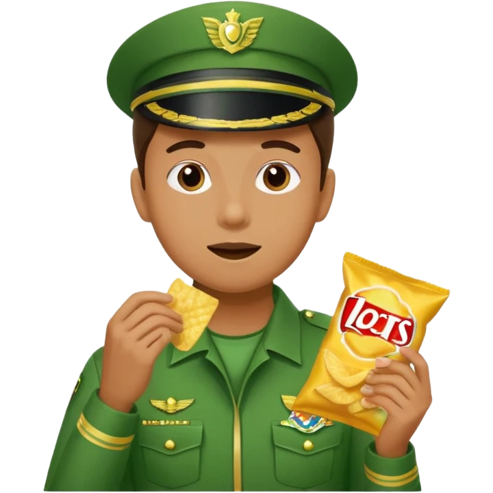 supermarket collegue wearing a green uniform and eating a packet of crisps emoji