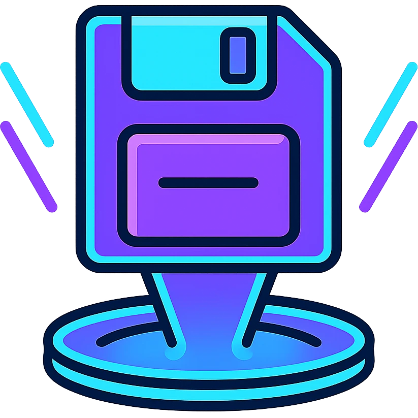save icon (floppy disk or cloud with down arrow), futuristic holographic look, purple and cyan neon lines emoji