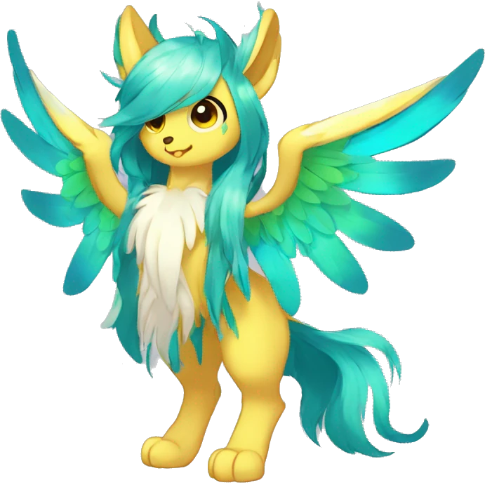 Anthro Sona Cool Cute Colorful Shy Winged Shiny Fakemon-Fantasy-Creature With Long Hair-Mane Full Body emoji