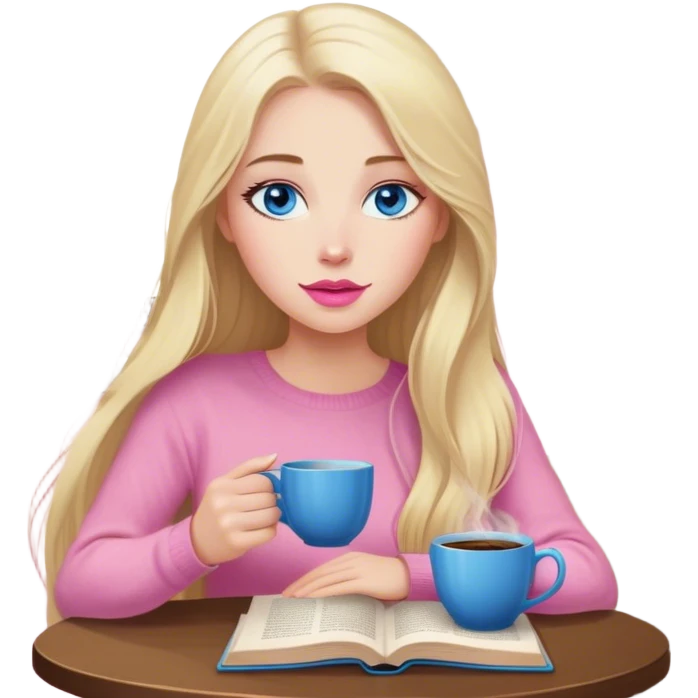 Cinematic realistic blonde with long hair, blue eyes, pink lips, sitting in a cozy atmosphere, reading a book, coffee is on the table next to her emoji