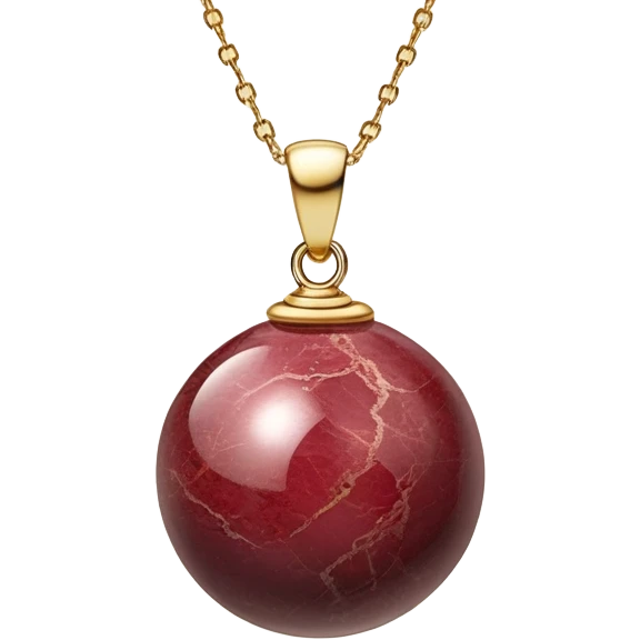 A polished round ball wine granite pendant suspended from a delicate gold chain, like a drop of enchanted starlight, glowing with the warmth of passion and the quiet power of transformation ethereal emoji