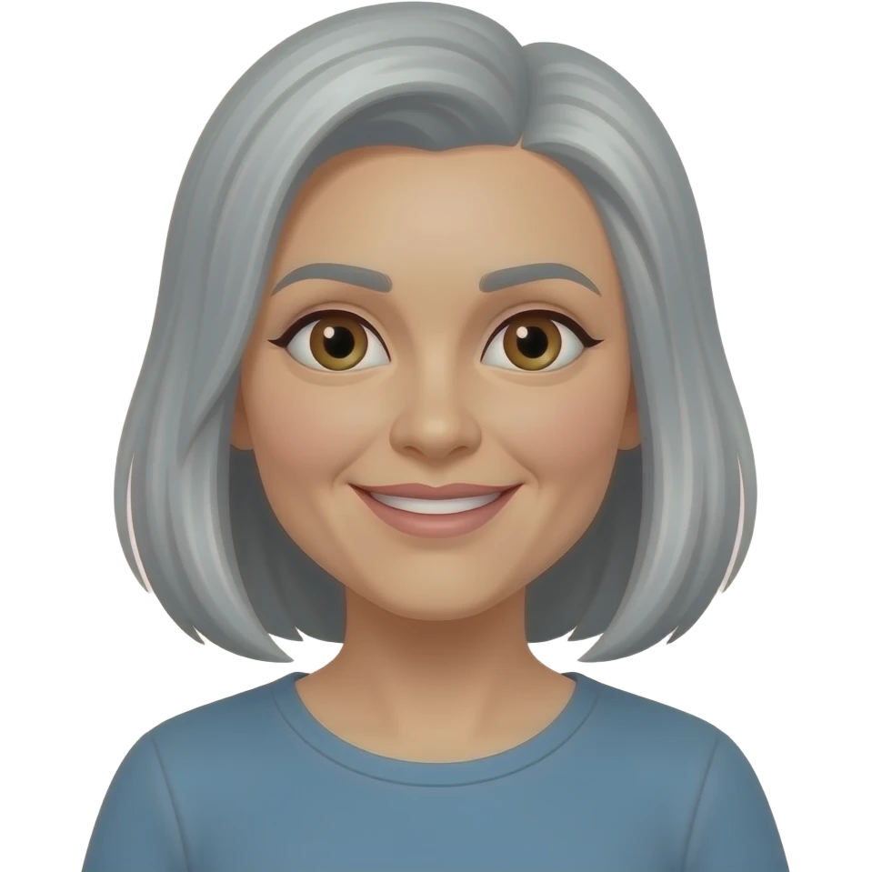 woman, brown eyes, elongated face shape, salt and pepper hair, shoulder lenght, splited from left side, mole on chin nor far from lip on left side, around 45 years, friendly smile emoji