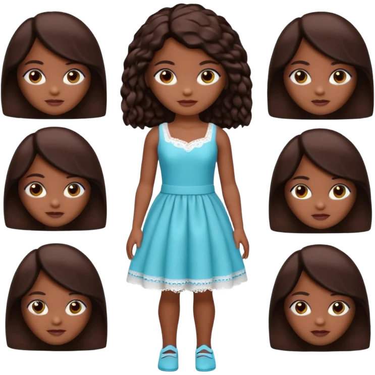 Boneca digital em estilo 3D realista e fofo, semelhante a uma boneca colecionável. Mulher jovem com pele negra, olhos castanhos escuros, cabelo liso cor chocolate, longo e bem alinhado.  emoji