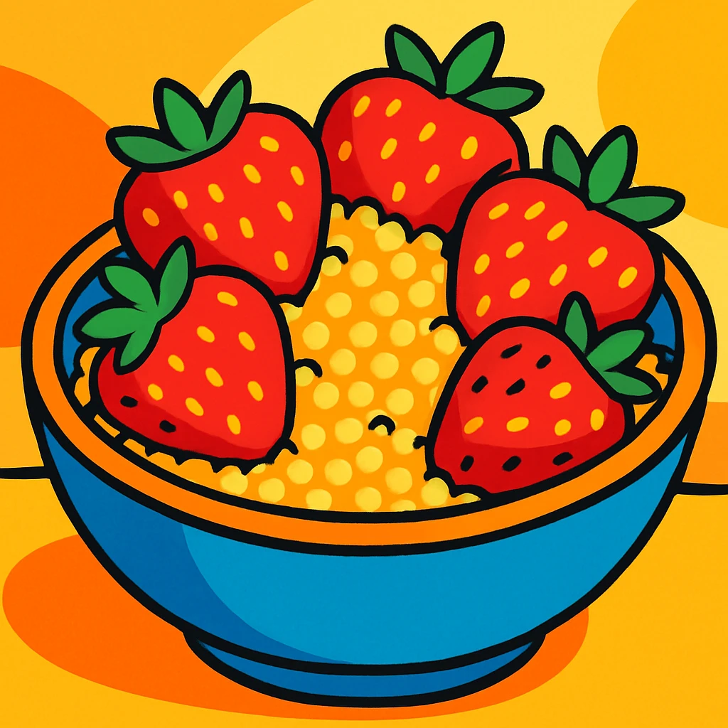 couscous and strawberries arranged in a bowl, bright, cheerful, food art emoji