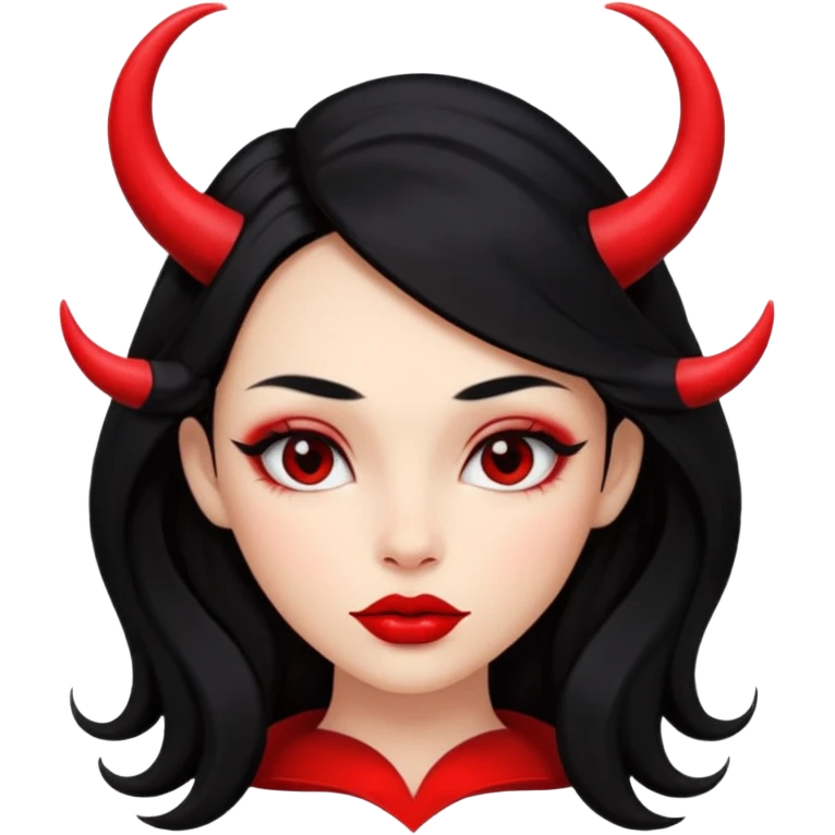 A girl's face with cheekbones, skin red, long black hair, small red horns, big lips emoji