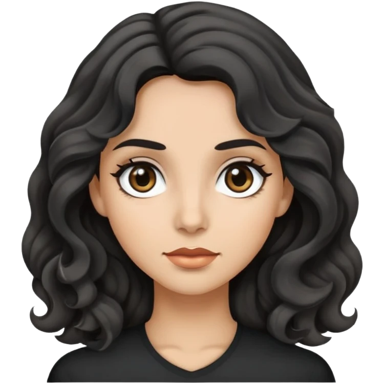 woman face with big grey eyes, medium skin tone, and black wavy hair emoji
