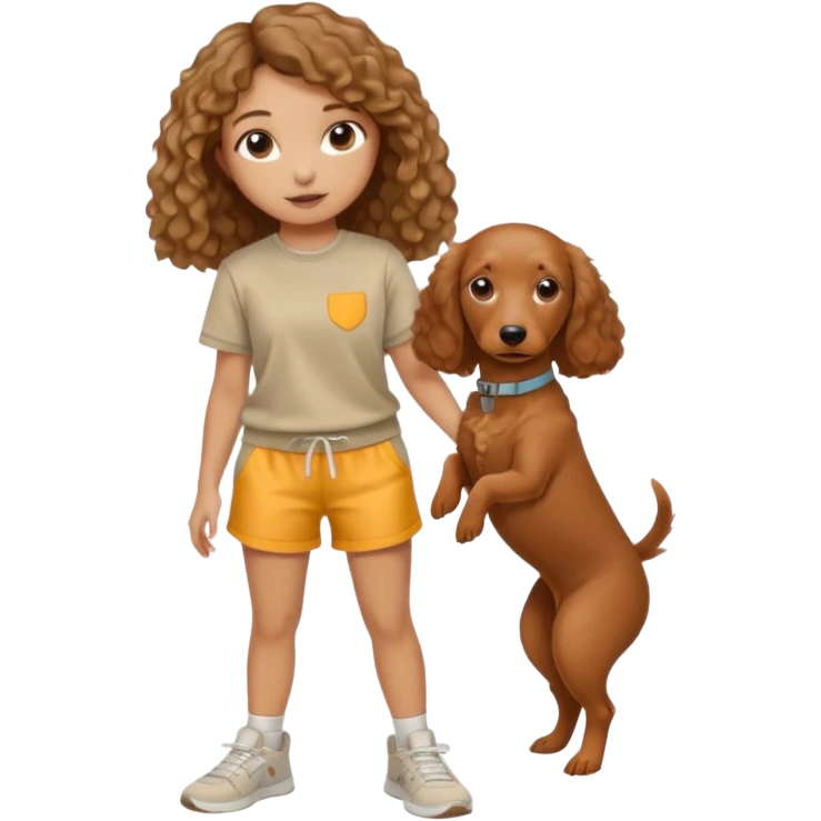 A girl with slightly curly hair but really wavy hair holding a brown dashcund and a light gold golden doodle and the girls skin color is tan but not so tan and her outfit is a matching sweatshorts and shirt and regular sneakers emoji