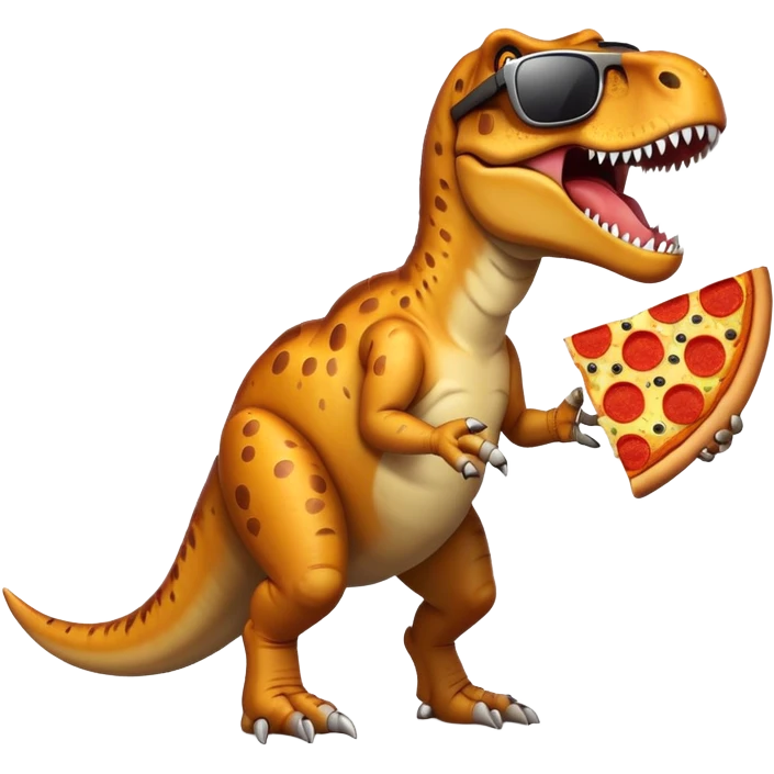 A T. Rex wearing sunglasses carrying a big slice of pizza emoji
