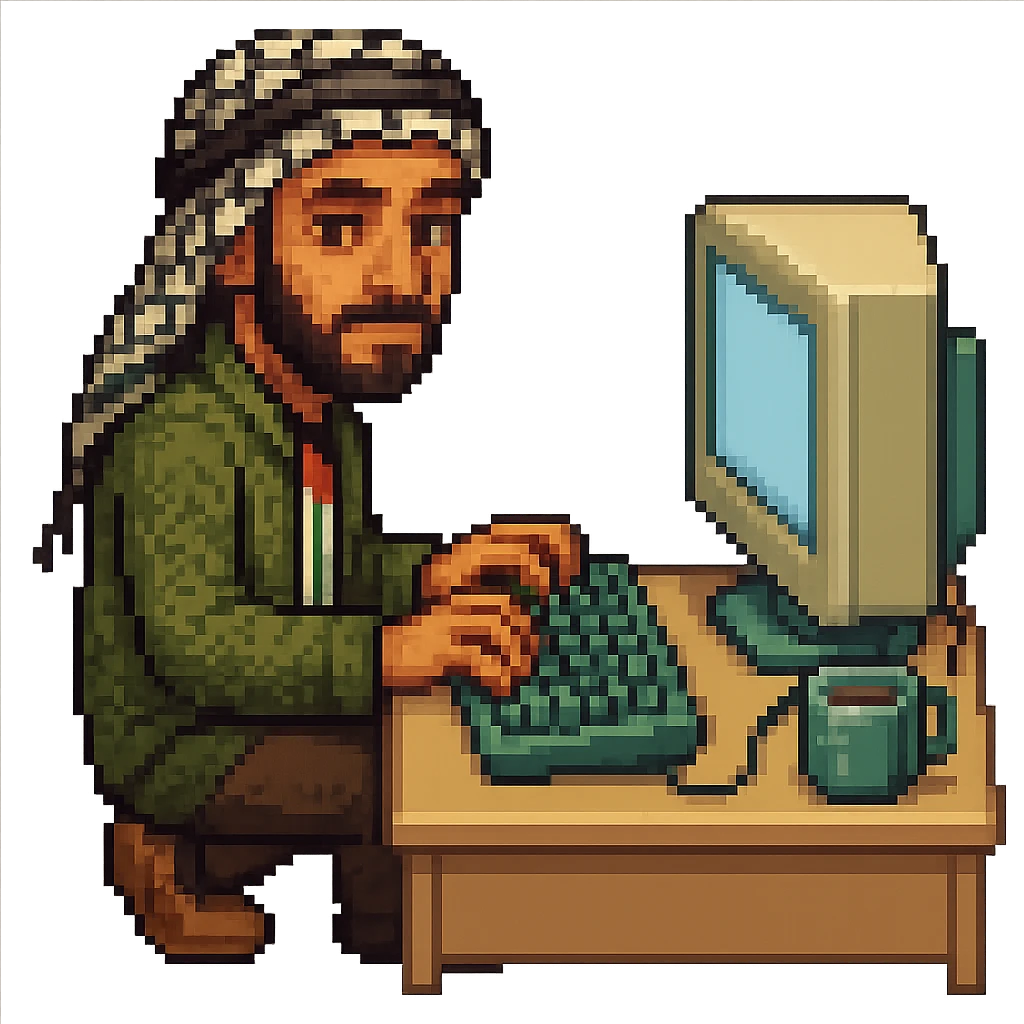 Create a pixel art style image of a man who is a Palestinian coder at a computer. Include subtle Palestinian cultural elements in the design. The background should be removed, focusing on the character and the computer setup. emoji