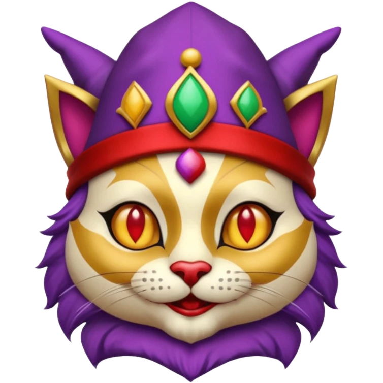 crazy colorful cute little cat jolly joker from poker, medieval, vintage, court jester, mac os icon, purple, gold and red color, head + torso. Squared shape as 3D mac os icon, symmetrical emoji