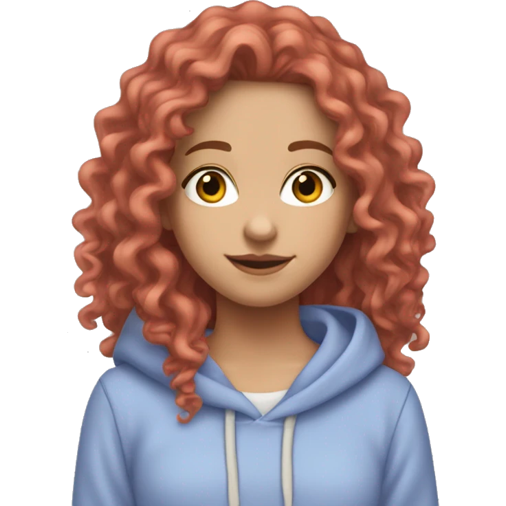 a white girl with long red curly hair, wearing a pastel periwinkle hoodie doing a pose emoji