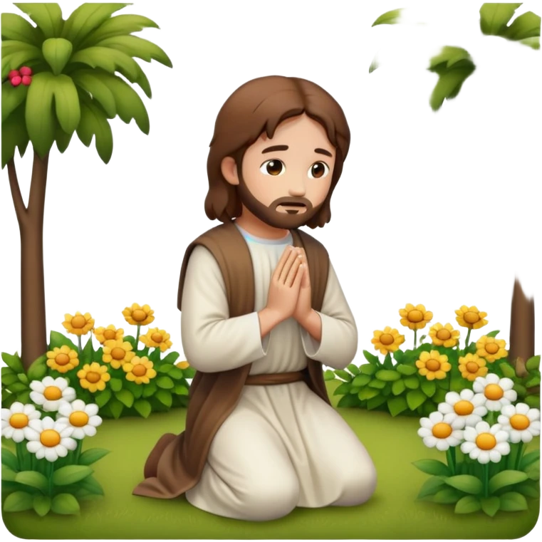 Jesus kneeling to pray in a garden, emoji style emoji