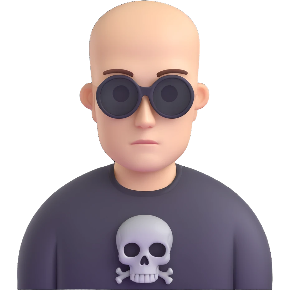 man with oval-shaped flat-top head wearing a black shirt with a gray skull on the front emoji