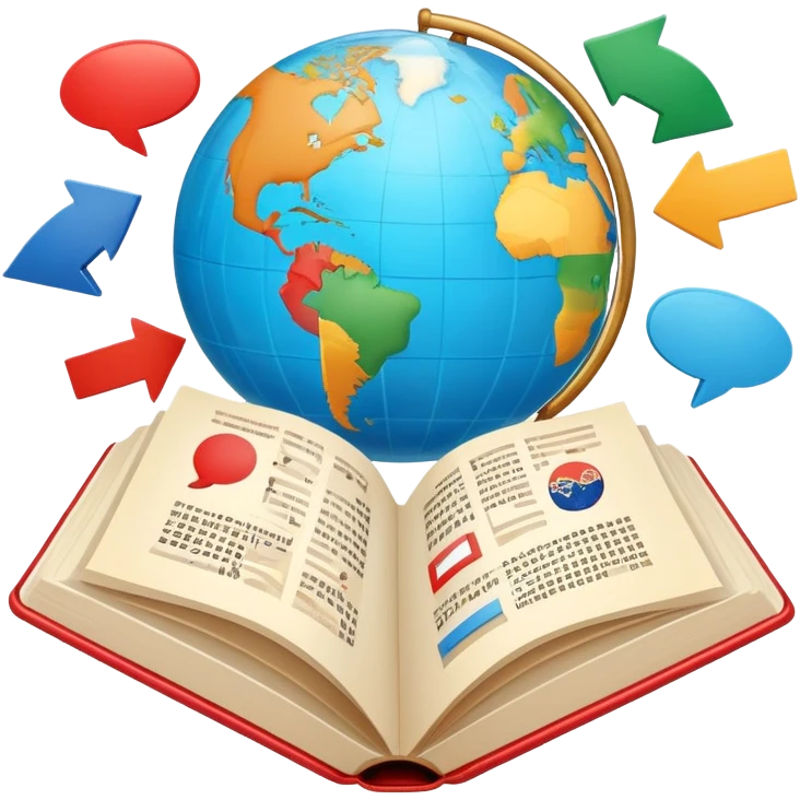 An icon featuring an open book with speech bubbles showing different alphabets—Latin, Cyrillic, Kanji. A globe and translation arrows symbolize global communication and language learning. Transparent background highlights cultural exchange and linguistic diversity. emoji