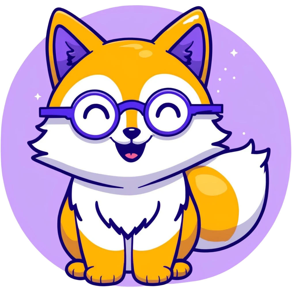 A magical fox with shimmering purple and blue fur, a glowing tail, a silver star on its forehead, and round glasses, laughing so hard that tears are streaming from its eyes emoji