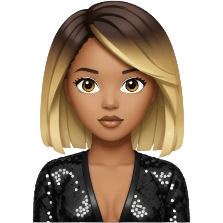 LeToya Luckett with long dark brown hair blonde hair, black sequin outfit emoji