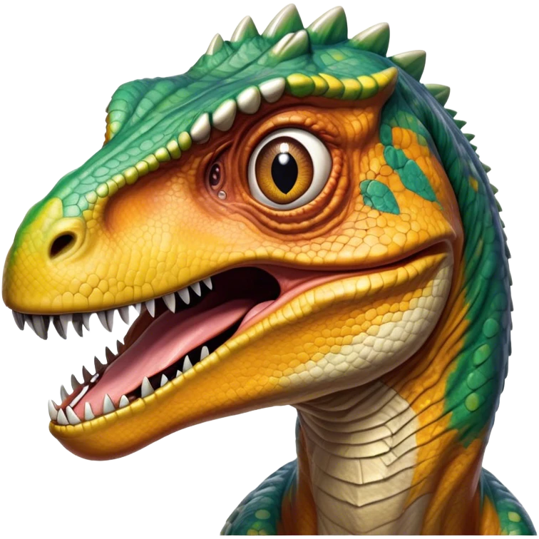 Cinematic Realistic Comical velociraptor/T-rex Portrait Emoji, Head tilted dramatically with an exaggeratedly amused expression, featuring a striking, glossy scaled body with bold natural textures and wide, expressive eyes brimming with playful disbelief, rendered with lifelike detail and dynamic natural lighting, high shine, dramatic yet playful, styled with an air of cheeky prehistoric mischief, soft glowing outline, capturing the essence of a spirited and over‐the‐top velociraptor/T-rex that looks ready to bellow its way into viral fame! emoji