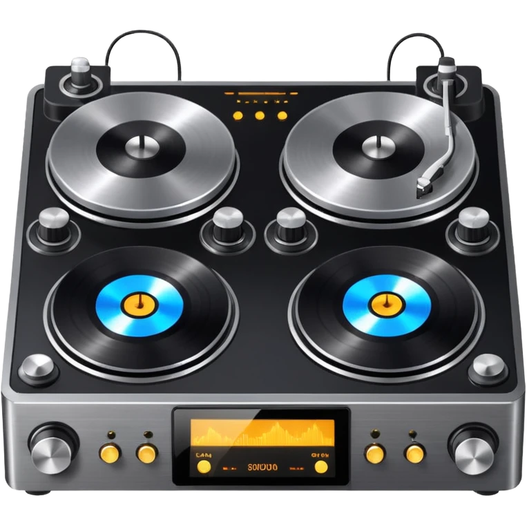 A dual turntable deck with glowing knobs and waveform screens.
 emoji