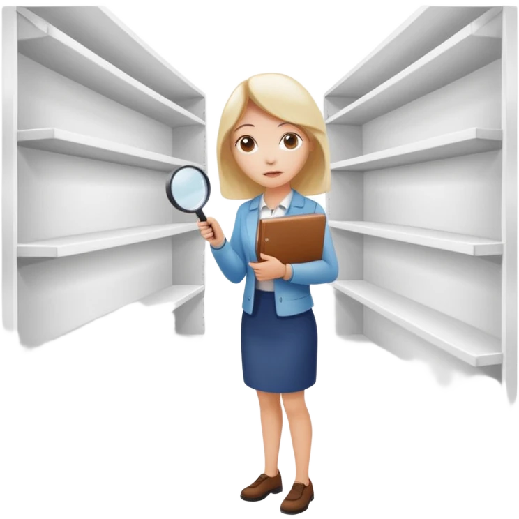 emoji of white empty shelf in perspective view with a standing woman nearby, she is looking at the shelfs with a magnifying glass, she is turned to the shelfs emoji
