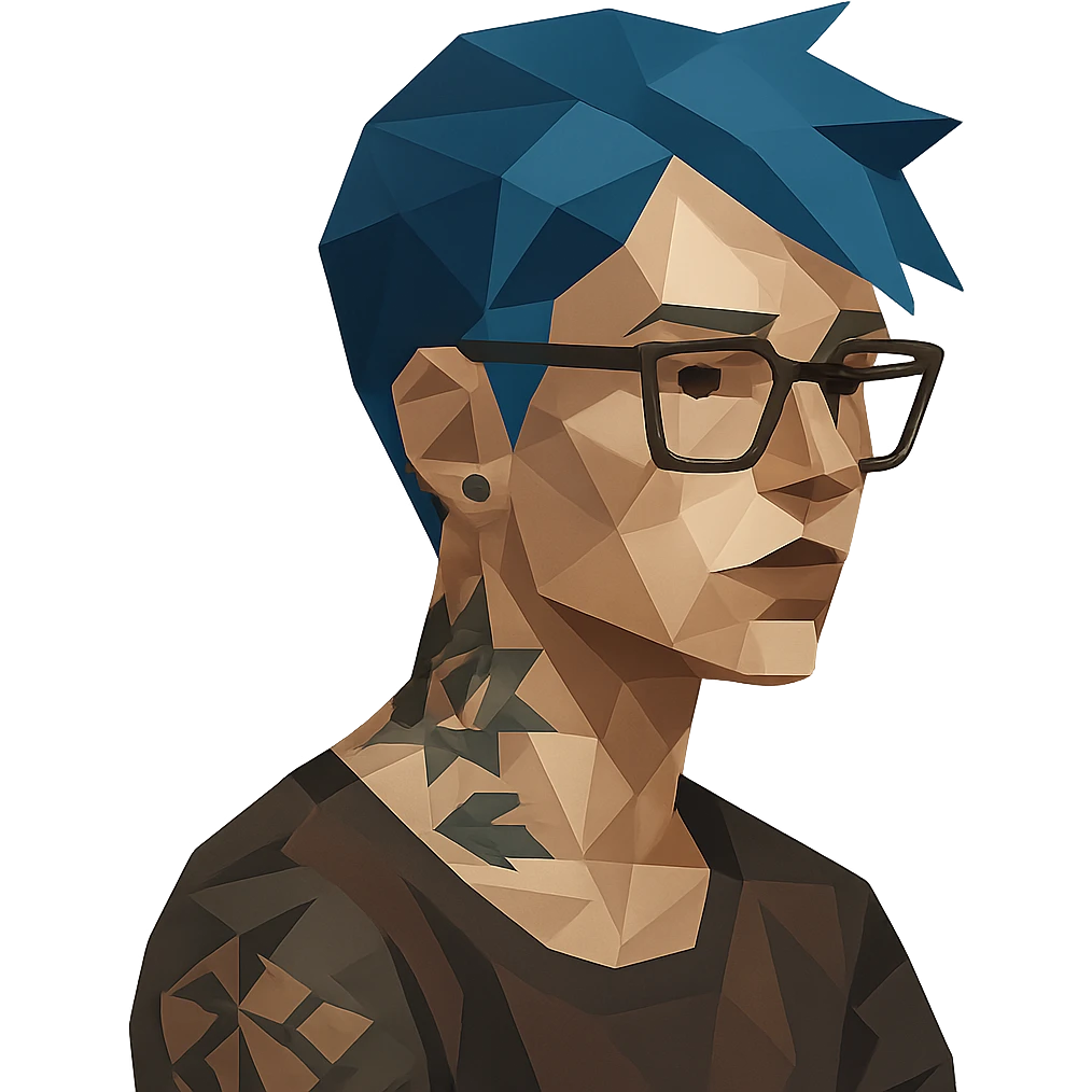 low-poly style character with blue hair, glasses, and tattoos emoji