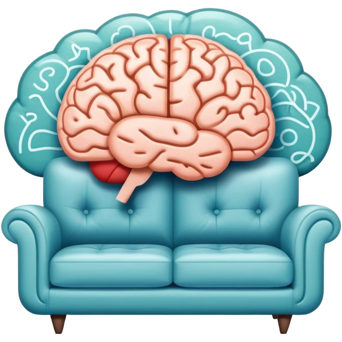 An icon featuring a brain, a couch, and a psychological test, symbolizing the study of psychology. The design includes abstract patterns representing the mind, with a calm, therapeutic setting in the background. Transparent background highlights the exploration of human behavior and mental health. emoji