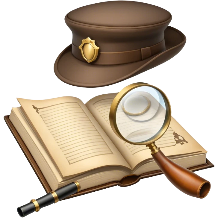 Icon for Detective Reading: an open book with a magnifying glass on the pages, a classic detective hat, and a pipe, surrounded by clues like footprints, a revolver, and a notepad. The icon should represent the mystery and intrigue of detective stories. Transparent background. emoji