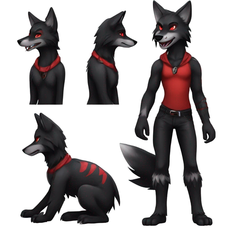 Anthro black Shiny Fionbri-Falvie-sparkle-wolf-sona with red edgy markings full body emoji
