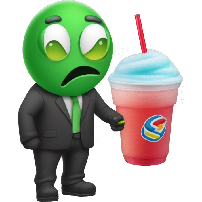 GORB a green faced fella in a morph suit wearing regular cool guy clothes and drinking a slurpee emoji
