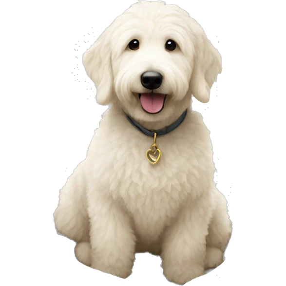 small white golden doodle sitting in a bed i emoji
