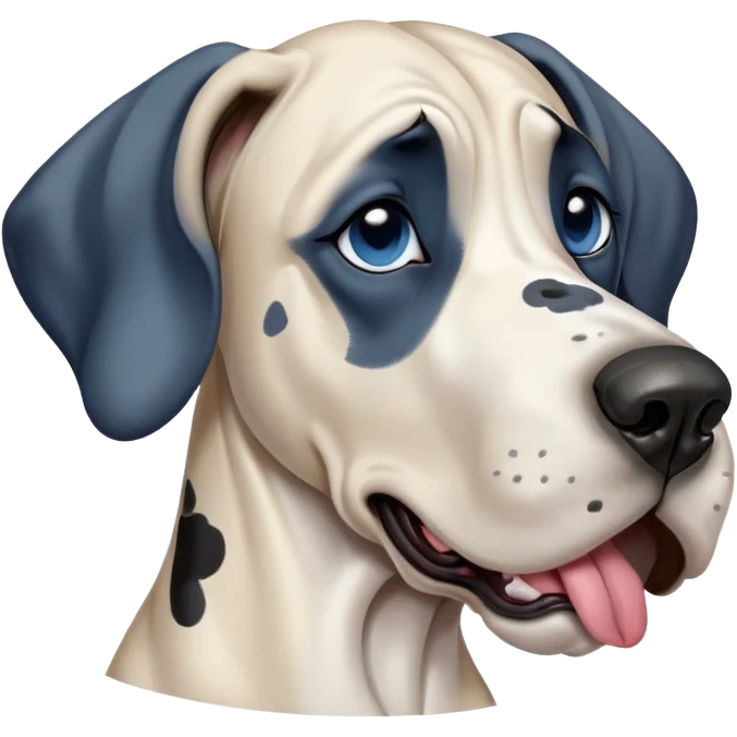 Cinematic Cute Yawning Harlequin Great Dane Portrait Emoji, Head tilted slightly with a dramatic, wide-open yawn, showcasing a smooth coat of predominantly white with bold black patches, floppy ears slightly drooping, round blue eyes barely open in drowsy contentment, Simplified yet irresistibly adorable features, highly detailed, glowing with a soft, cozy glow, high shine, relaxed yet expressive, stylized with a touch of whimsy, bright and endearing, soft glowing outline, capturing the essence of a sleepy yet affectionate guardian, so drowsy it feels like it could stretch out of the screen and curl up for a nap! emoji